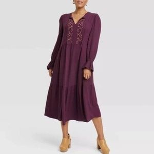 Knox Rose Purple Embroidered Midi Boho A-line Dress